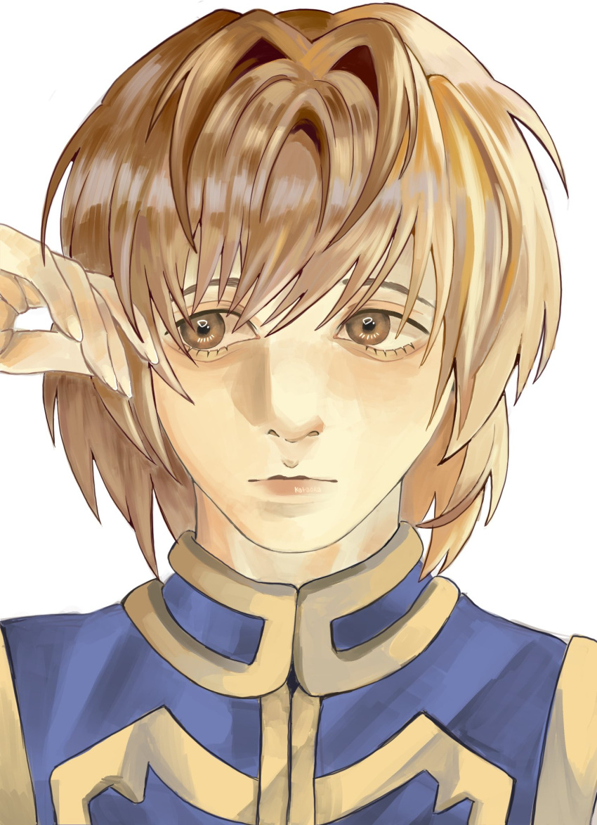 1boy, alternate_eye_color, ame_to_kusari, androgynous, artist_name, blonde_hair, brown_eyes, clip_studio_paint_(medium)