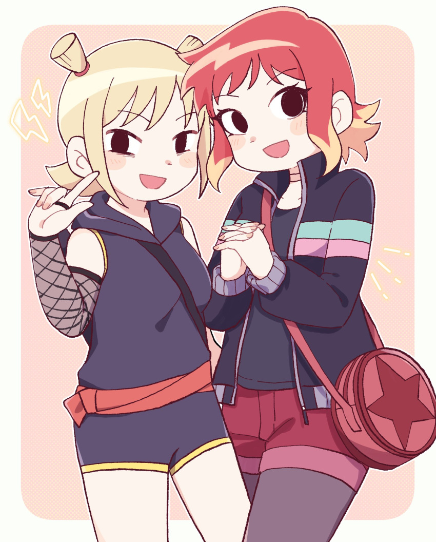 2girls, :d, bag, black_eyes, black_pantyhose, blonde_hair, blush, double_bun