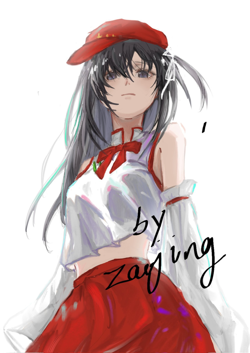 bare_shoulders, black_eyes, black_hair, bow, bowtie, breasts, cabbie_hat, closed_mouth, commentary_request, crop_top, crop_top_overhang, detached_sleeves, dolls_in_pseudo_paradise, flat_cap, food, from_below, fruit, hakama, hakama_skirt, hat, hat_ornament, highres, japanese_clothes, jsnttzzj, label_girl_(dipp), long_hair, long_sleeves, looking_at_viewer, looking_down, mandarin_collar, mandarin_orange, midriff, red_bow, red_bowtie, red_hakama, red_hat, red_skirt, serious, shirt, side_ponytail, signature, simple_background, skirt, small_breasts, star_(symbol), star_hat_ornament, touhou, white_background, white_shirt, white_sleeves, wide_sleeves