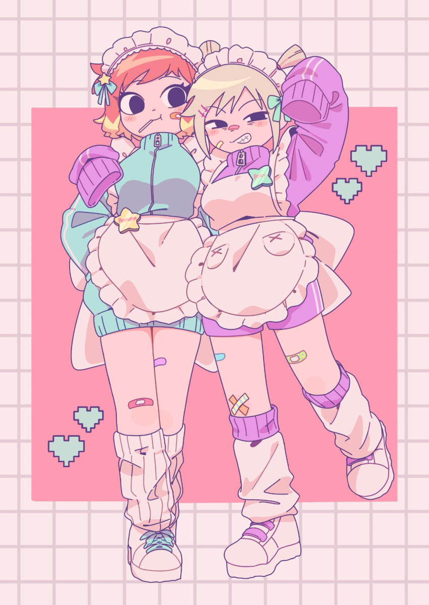 2girls, alternate_costume, alternate_hairstyle, apron, arm_up, bandaid, bandaid_on_leg, black_eyes
