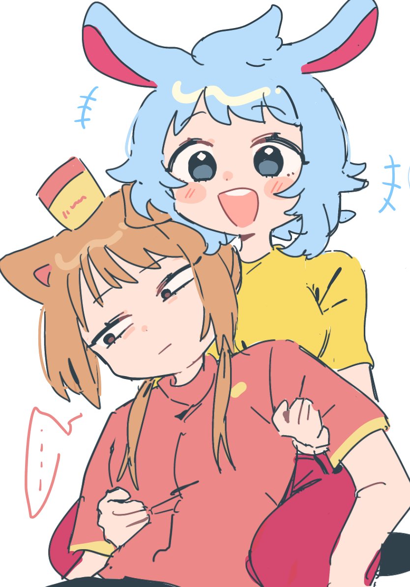 ..., 2girls, :d, animal_ears, blue_hair, blush_stickers, breasts, brown_eyes