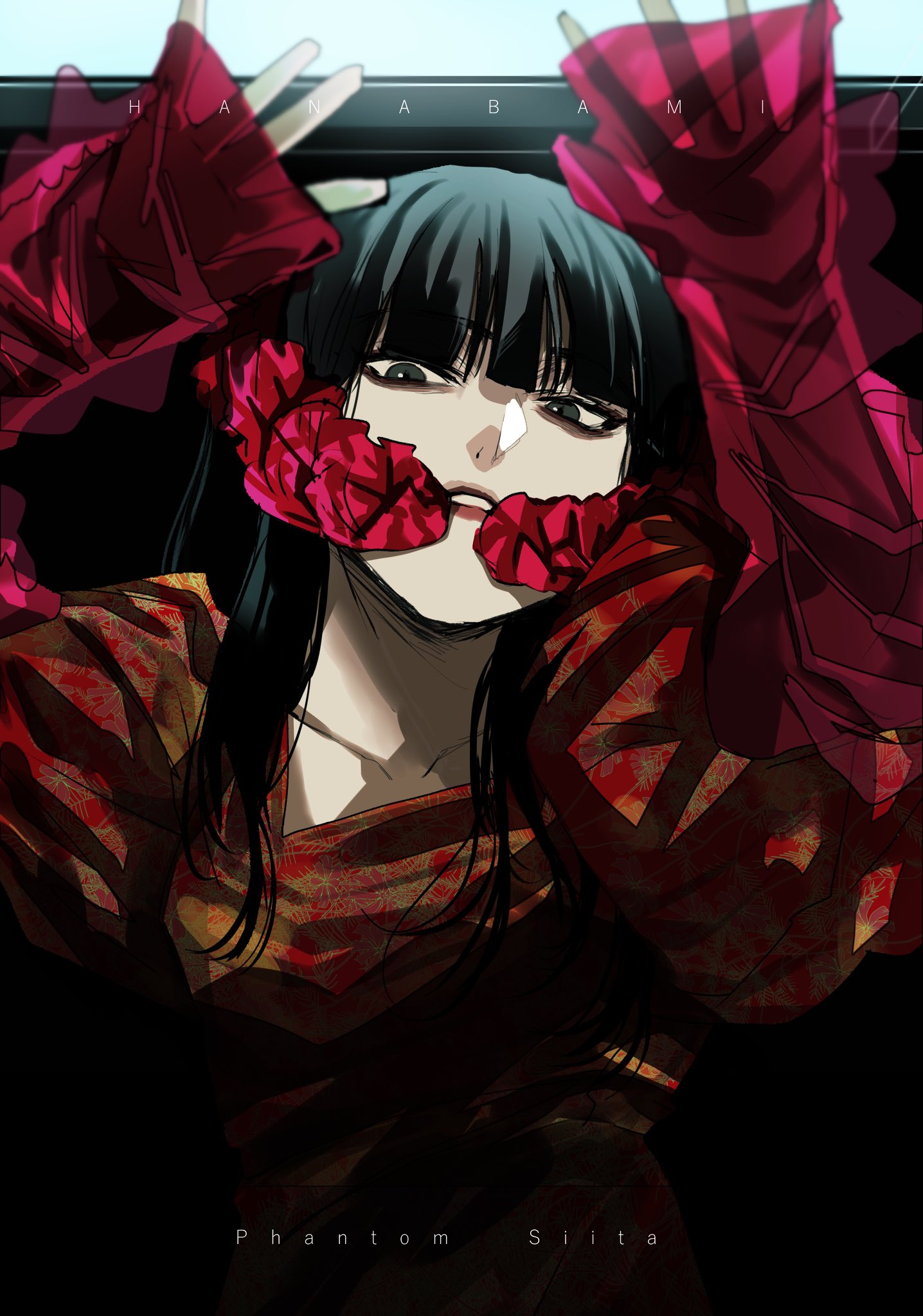 1girl, arms_up, black_eyes, black_hair, collarbone, commentary, dress, gunjyou_(gunjyou_00)