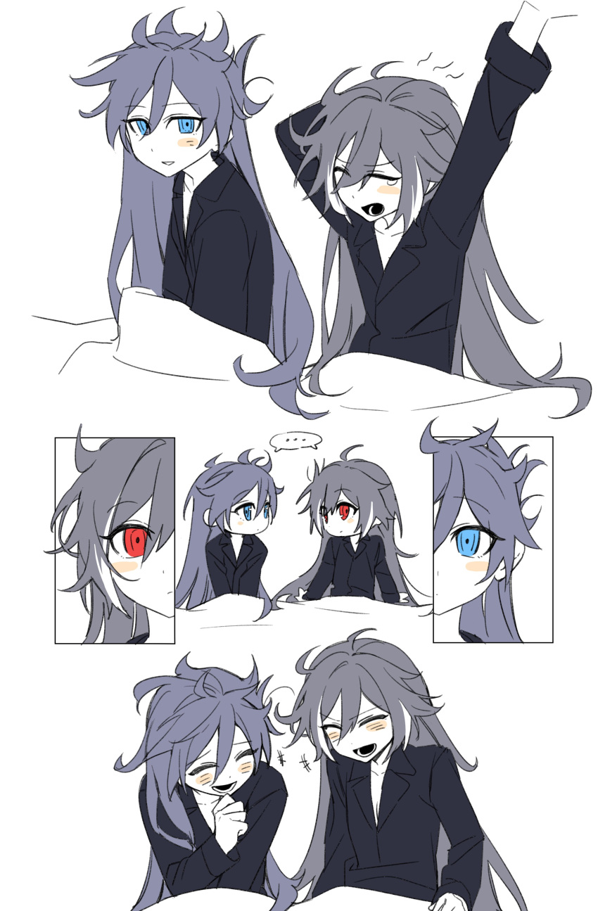 ..., 2girls, 7h3rd, absurdres, arm_up, bed, black_jacket, blue_eyes, blush, fu_hua, fu_hua_(herrscher_of_sentience), grey_hair, highres, honkai_(series), honkai_impact_3rd, jacket, laughing, long_hair, long_sleeves, looking_at_another, multiple_girls, on_bed, red_eyes, ruffling_hair, single_tear, sketch, smile, very_long_hair, yawning