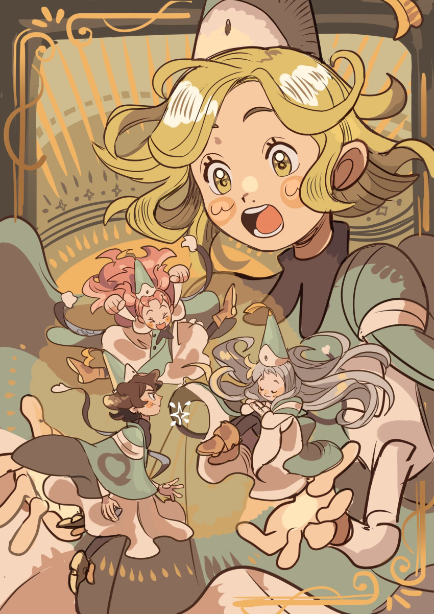 4girls, agate_(tongari_boushi_no_atelier), alos_(alosrovolo), alternate_size, black_hair, blonde_hair, blue_hair, blush, brown_footwear, clenched_hand, cloak, closed_eyes, coco_(tongari_boushi_no_atelier), excited, happy, hat, highres, long_hair, long_sleeves, mantle, multiple_girls, open_mouth, pink_hair, riche_(tongari_boushi_no_atelier), smile, teeth, tethia_(tongari_boushi_no_atelier), tongari_boushi_no_atelier, witch, witch_hat