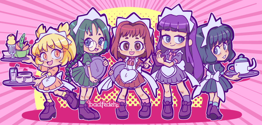 5girls, aizawa_mint, apron, artist_name, badfedeh, blonde_hair, bow, braid, cafe_mew_mew_uniform, cat_ears, cat_girl, chibi, chibi_only, commentary, english_commentary, fong_pudding, food, fujiwara_zakuro, green_hair, holding, long_hair, medium_hair, midorikawa_lettuce, momomiya_ichigo, monkey_girl, multiple_girls, pink_hair, purple_hair, ribbon, round_eyewear, teapot, tokyo_mew_mew, very_long_hair, waitress