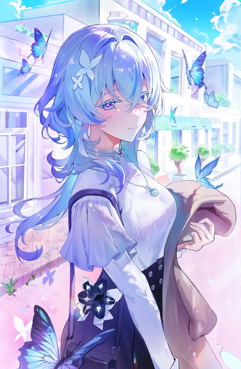 1girl, alternate_costume, black_flower, black_skirt, blake_bloom_(wuthering_waves), blue_butterfly, blue_eyes, blue_hair, blue_sky, breasts, brown_coat, bug, butterfly, closed_mouth, clouds, coat, colored_eyelashes, commentary, cowboy_shot, dasha, day, flower, from_side, hair_between_eyes, hair_ornament, highres, holding, holding_coat, holding_unworn_clothes, jewelry, large_breasts, long_hair, looking_at_viewer, medium_breasts, necklace, no_veil, outdoors, shirt, skirt, sky, smile, solo, the_shorekeeper_(wuthering_waves), violet_eyes, white_shirt, wuthering_waves