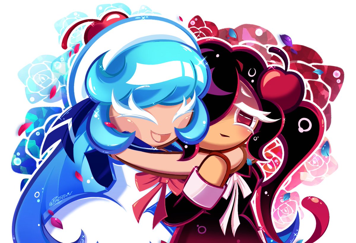 <d, 2girls, :>, black, blue, blue_hair, cherry, cherry_cola_cookie, cookie_run, cookie_run:_ovenbreak, cookie_run:_tower_of_adventures, cookie_run_ovenbreak, cream_soda_cookie, dress, eyes, hair, hat, hugging, ponytail, pyro5o5x, red, sailor, tagme, white
