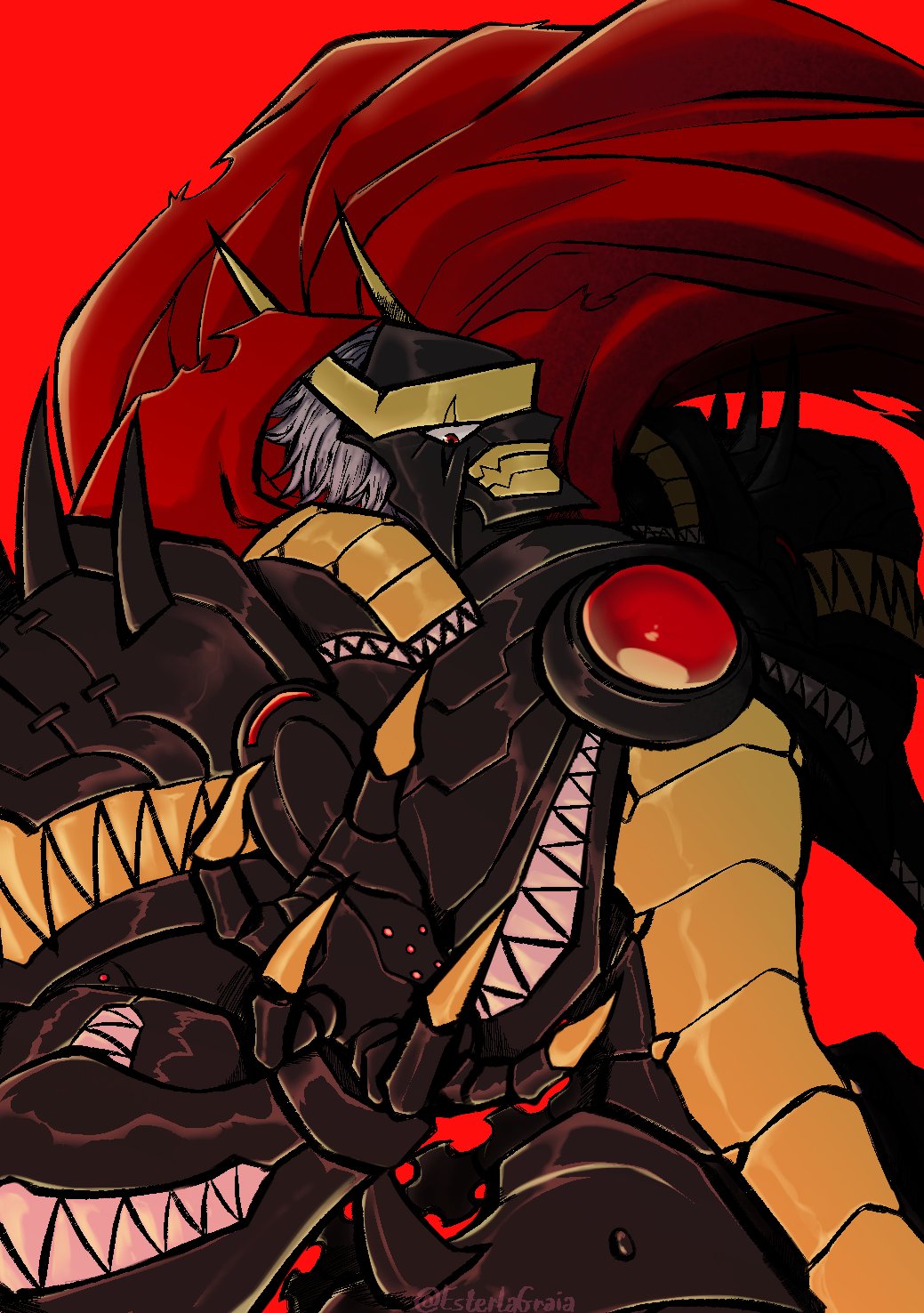 1girl, armor, black_armor, cape, claws, core, digimon, digimon_(creature), digimon_survive, esterlagraia, fake_horns, full_armor, gem, gold_armor, grey_hair, hand_up, helmet, highres, horned_helmet, horns, looking_at_viewer, multicolored_armor, narrow_waist, plutomon, profile, red_background, red_cape, red_eyes, red_gemstone, scar, scar_across_eye, sharp_teeth, short_hair, simple_background, solo, teeth, upper_body