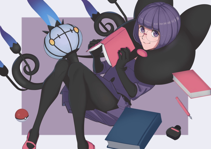 1girl, blunt_bangs, bob_cut, book, bow, chandelier, chandelure, commentary_request