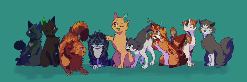 angry, animal, animal_focus, berrynose, black_cat, blue_eyes, calico, cat, cinderheart, claws, closed_eyes, commentary, everyone, fluffy, green_eyes, grey_cat, hazeltail, hollyleaf, honeyfern, jayfeather, lionblaze, minamia23, mousewhisker, no_humans, one_eye_closed, poppyfrost, power_of_three, short_tail, sitting, sweatdrop, tail, warrior_cats, yellow_cat