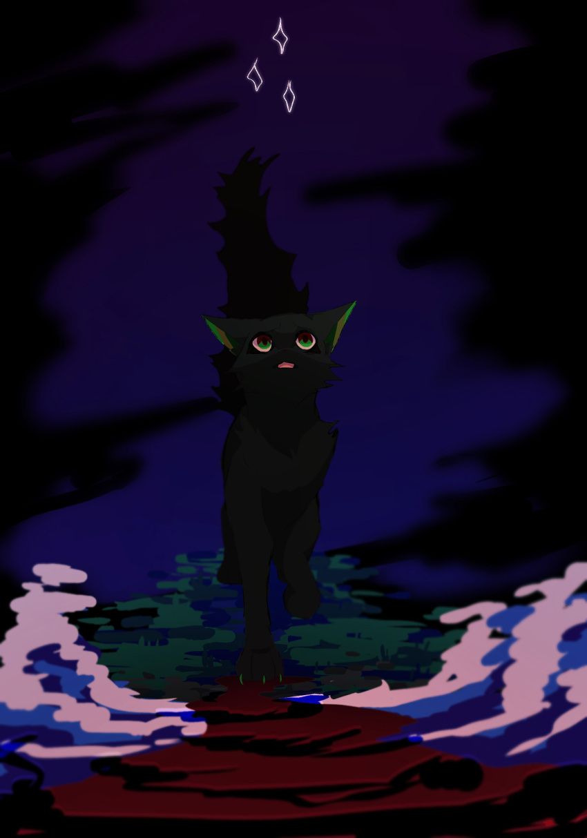 animal, animal_focus, black_cat, cat, claws, commentary, full_body, green_eyes