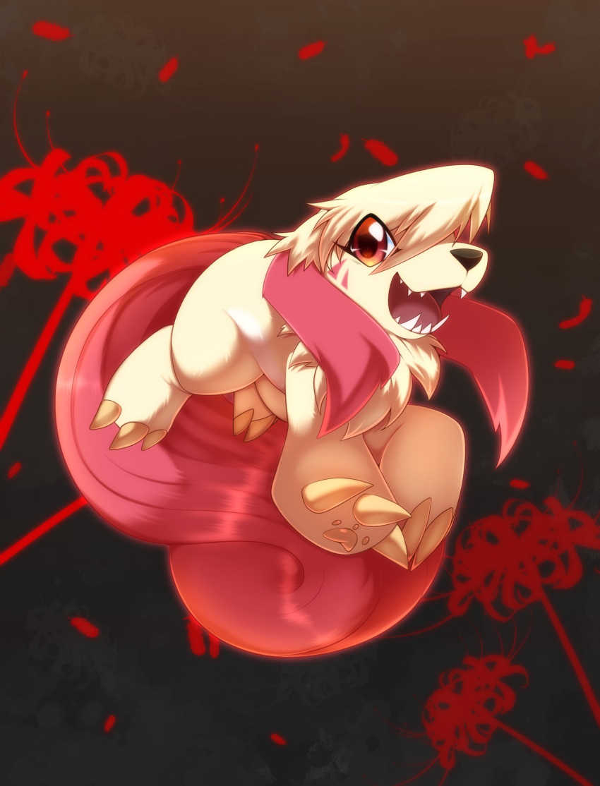 brown_eyes, claws, digimon, digimon_(creature), digimon_survive, dog, facial_mark, falling_petals, fangs, flower, heavymetalpapi, highres, labramon, looking_at_viewer, open_mouth, petals, pink_fur, red_flower, running, sharp_teeth, smile, solo, spider_lily, teeth, two-tone_fur