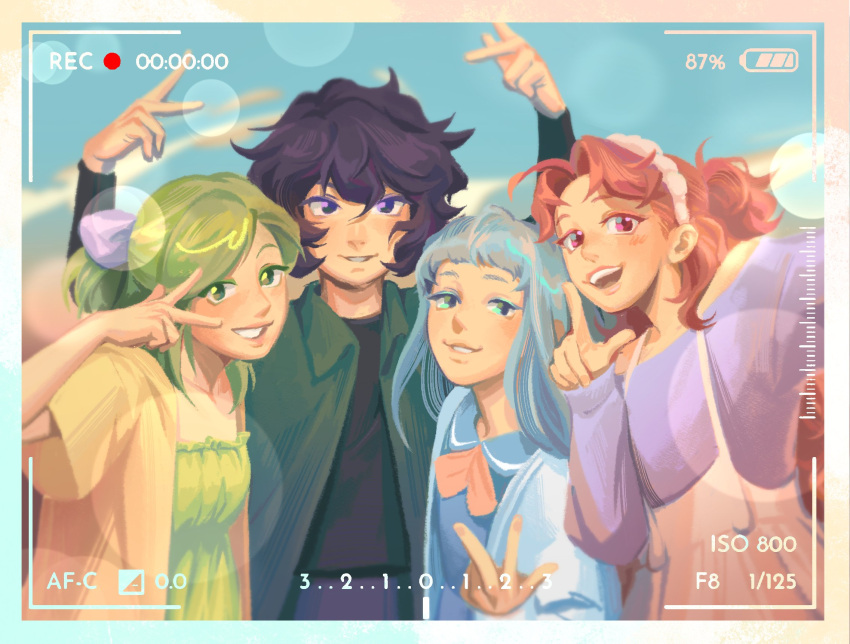 1boy, 3girls, agate_(tongari_boushi_no_atelier), alternate_costume, battery_indicator, black_hair, blue_eyes, blue_hair