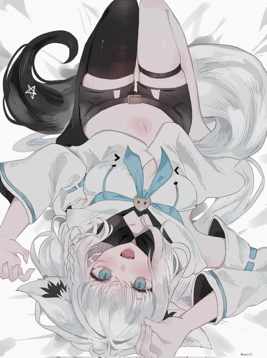 1girl, ahoge, animal_ear_fluff, animal_ear_piercing, animal_ears, aqua_eyes, bare_shoulders, bed_sheet, belt, black_shorts, black_tail, black_thighhighs, blue_neckerchief, braid, claw_pose, crossed_bangs, detached_sleeves, double-parted_bangs, earrings, extra_ears, fang, fox_ears, fox_girl, fox_shadow_puppet, fox_tail, front_slit, full_body, highres, hololive, hood, hoodie, indoors, jewelry, long_hair, looking_at_viewer, low-tied_long_hair, lying, mofumin, multicolored_tail, navel, neckerchief, on_back, on_bed, open_mouth, pentagram, sailor_collar, shirakami_fubuki, shirakami_fubuki_(1st_costume), short_shorts, shorts, side_braid, sidelocks, single_braid, single_earring, single_thighhigh, slit_pupils, solo, tail, thigh-highs, thigh_strap, upside-down, virtual_youtuber, white_hair, white_hoodie, white_tail, wide_sleeves