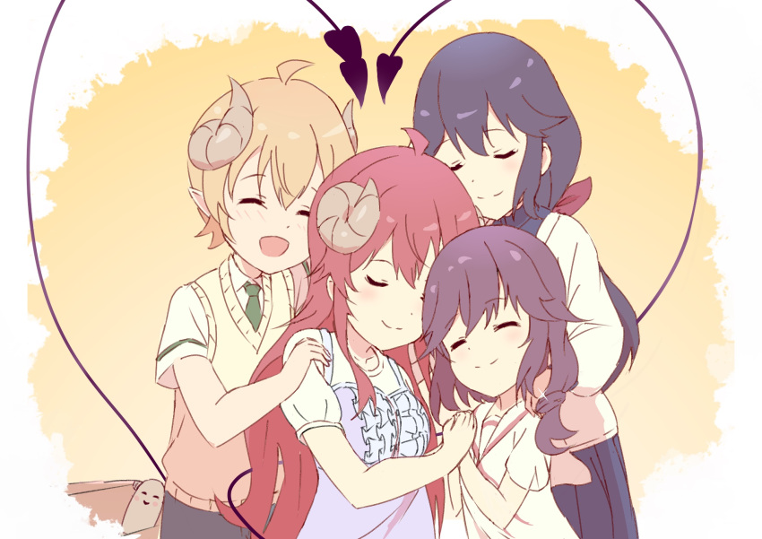 1boy, 3girls, ahoge, black_hair, blazer, blonde_hair, closed_eyes, closed_mouth