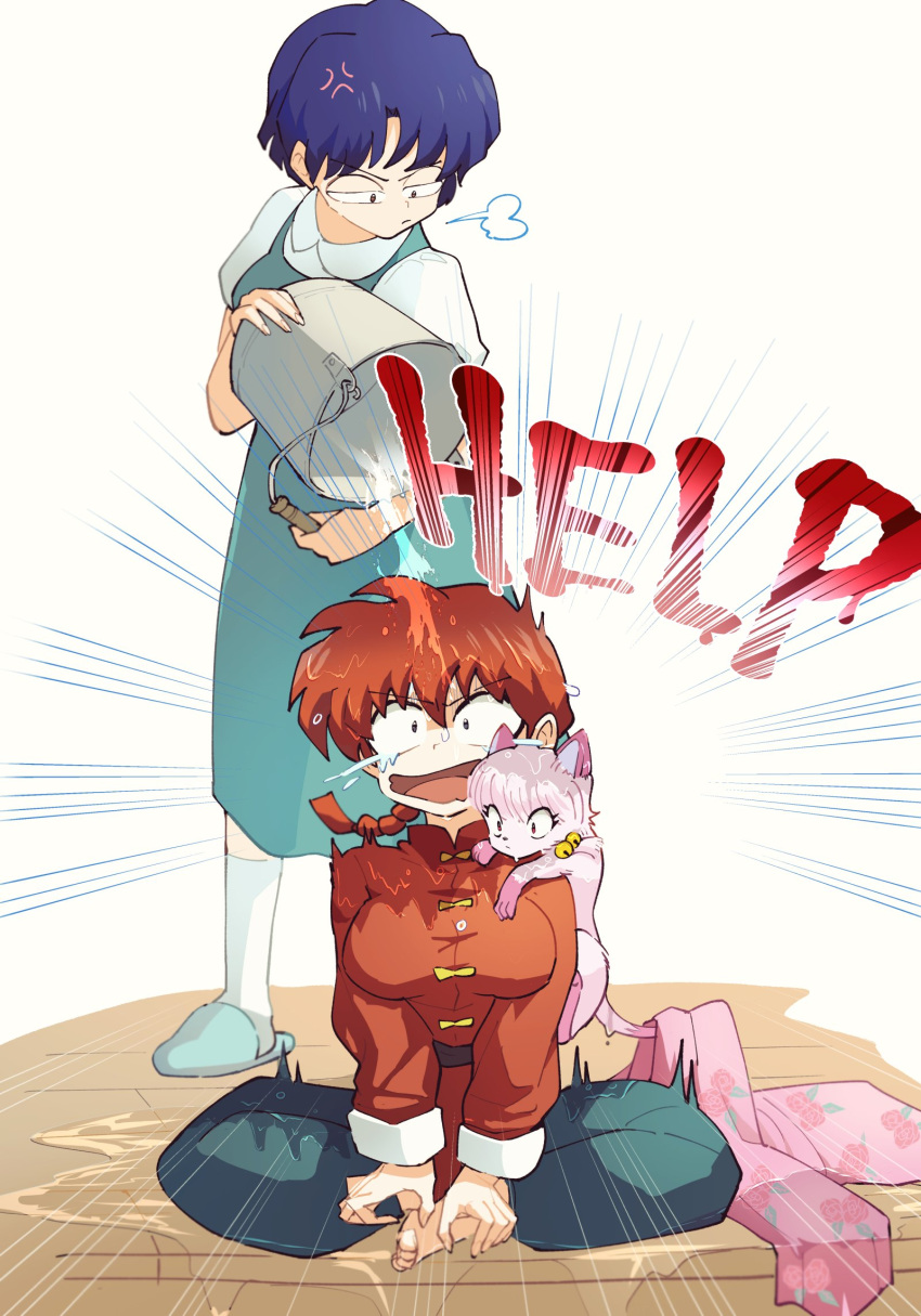 3girls, anger_vein, animal_on_shoulder, blue_dress, blue_hair, blue_pants, braid, braided_ponytail, bucket, cat, cat_on_shoulder, chinese_clothes, collared_shirt, dress, dress_shirt, full_body, fuurinkan_high_school_uniform, help, highres, indian_style, long_hair, low_ponytail, multiple_girls, pants, pinafore_dress, ranma-chan, ranma_1/2, raril125, red_shirt, redhead, scared, school_uniform, shampoo_(cat), shirt, short_hair, sitting, sleeveless, sleeveless_dress, tangzhuang, tendou_akane, transformation, water, wet, white_background, white_shirt