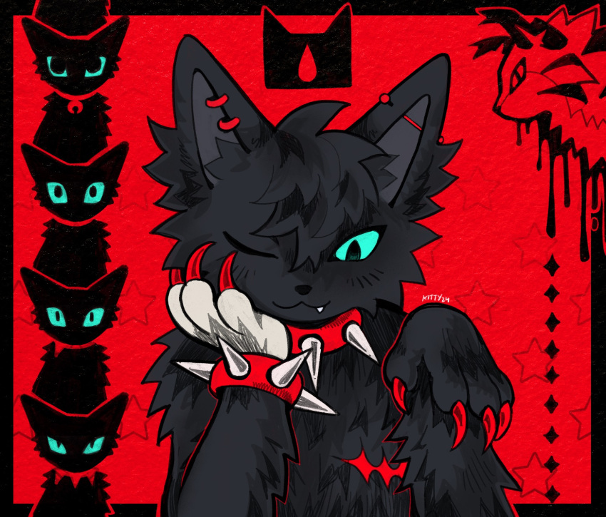 1boy, :3, animal_ears, aqua_eyes, black_fur, body_fur, bracelet, cat_boy, cat_ears, claws, collar, commentary, emo_fashion, english_commentary, fang, furry, furry_male, highres, jewelry, kitty_(fernwhisker), looking_down, male_focus, mastectomy_scar, one_eye_closed, personification, red_background, red_theme, scar, scar_on_chest, scourge_(warrior_cats), short_hair, smile, spiked_bracelet, spiked_collar, spikes, the_prophecies_begin, tigerstar, upper_body, warrior_cats