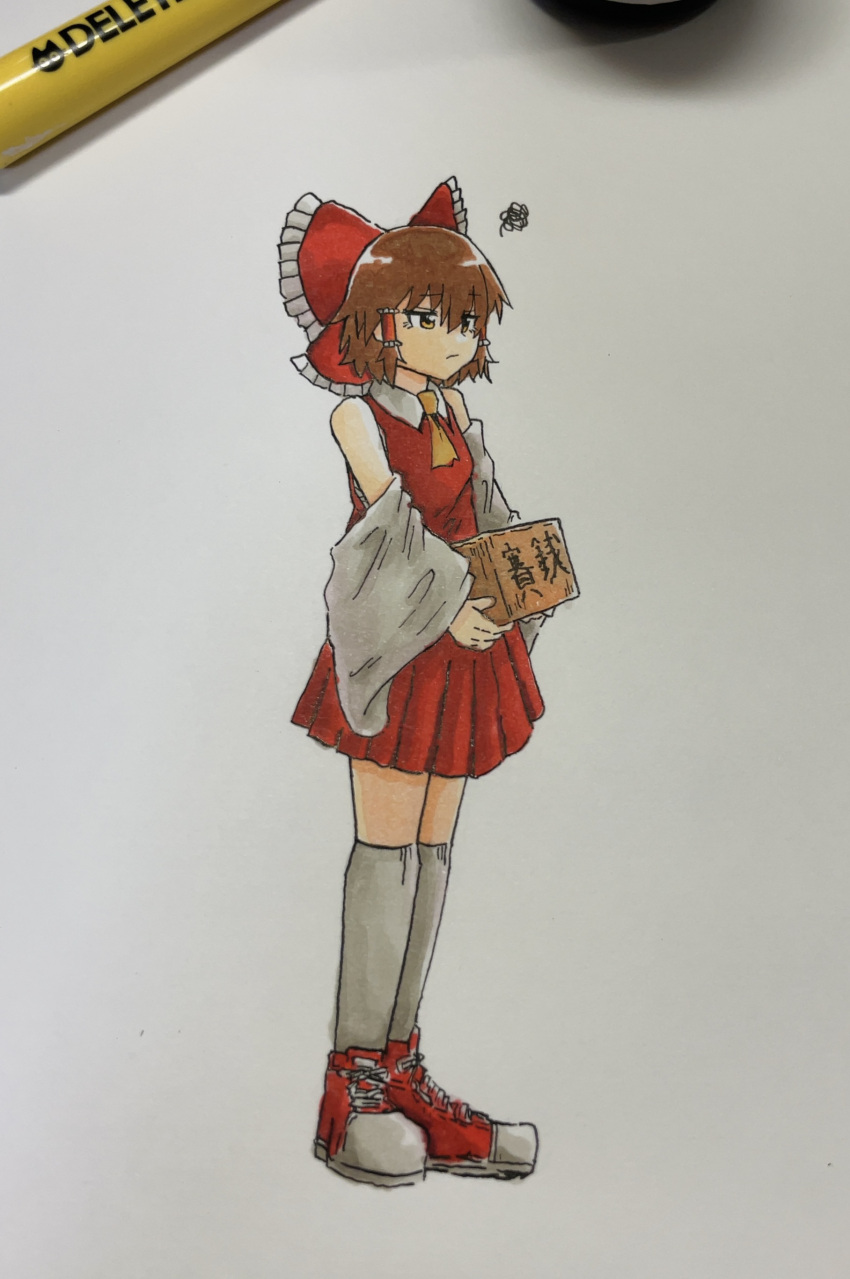 1girl, absurdres, art_tools_in_frame, ascot, bare_shoulders, bow, box, brown_hair