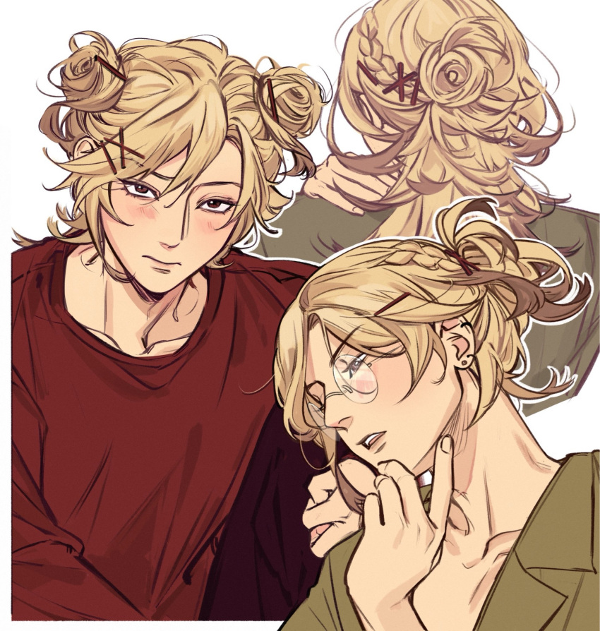 1boy, blonde_hair, blush, braid, collarbone, crew_neck, double_bun, earrings