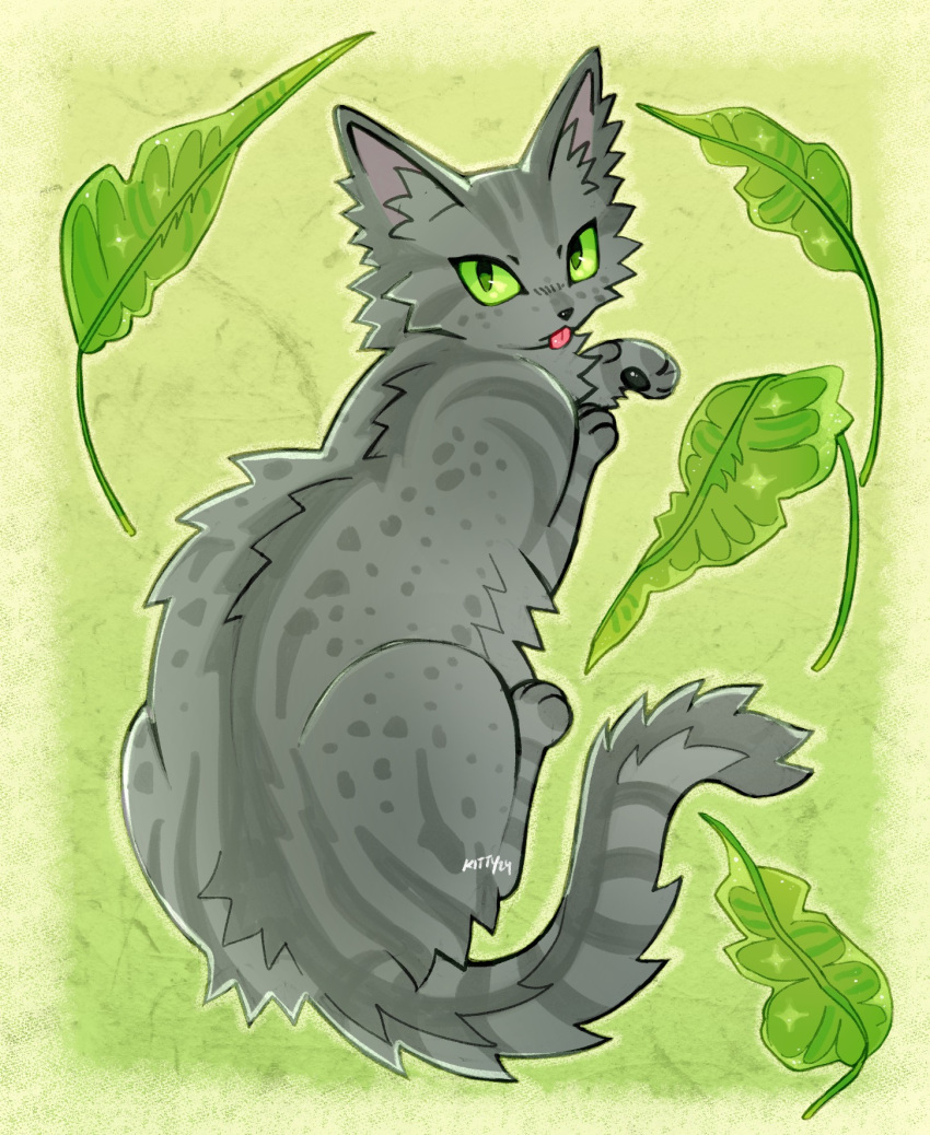 animal, animal_focus, border, cat, commentary, english_commentary, ferncloud, fluffy, full_body, green_background, green_border, green_eyes, green_theme, grey_cat, highres, kitty_(fernwhisker), leaf, looking_at_viewer, no_humans, pawpads, signature, solo, tail, tongue, tongue_out, warrior_cats