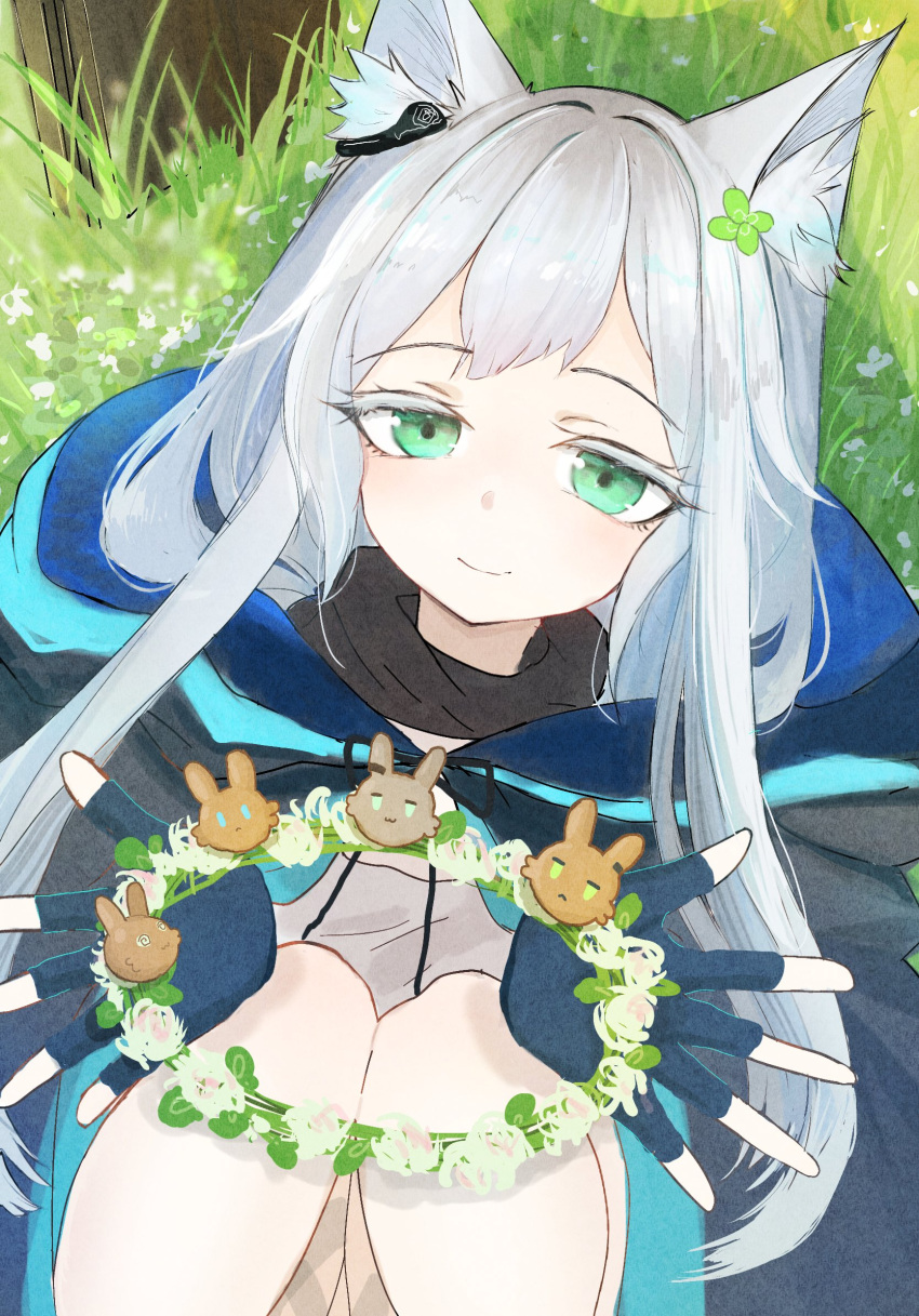 1girl, animal_ear_fluff, animal_ears, arknights, black_coat, black_gloves, blue_coat, closed_mouth