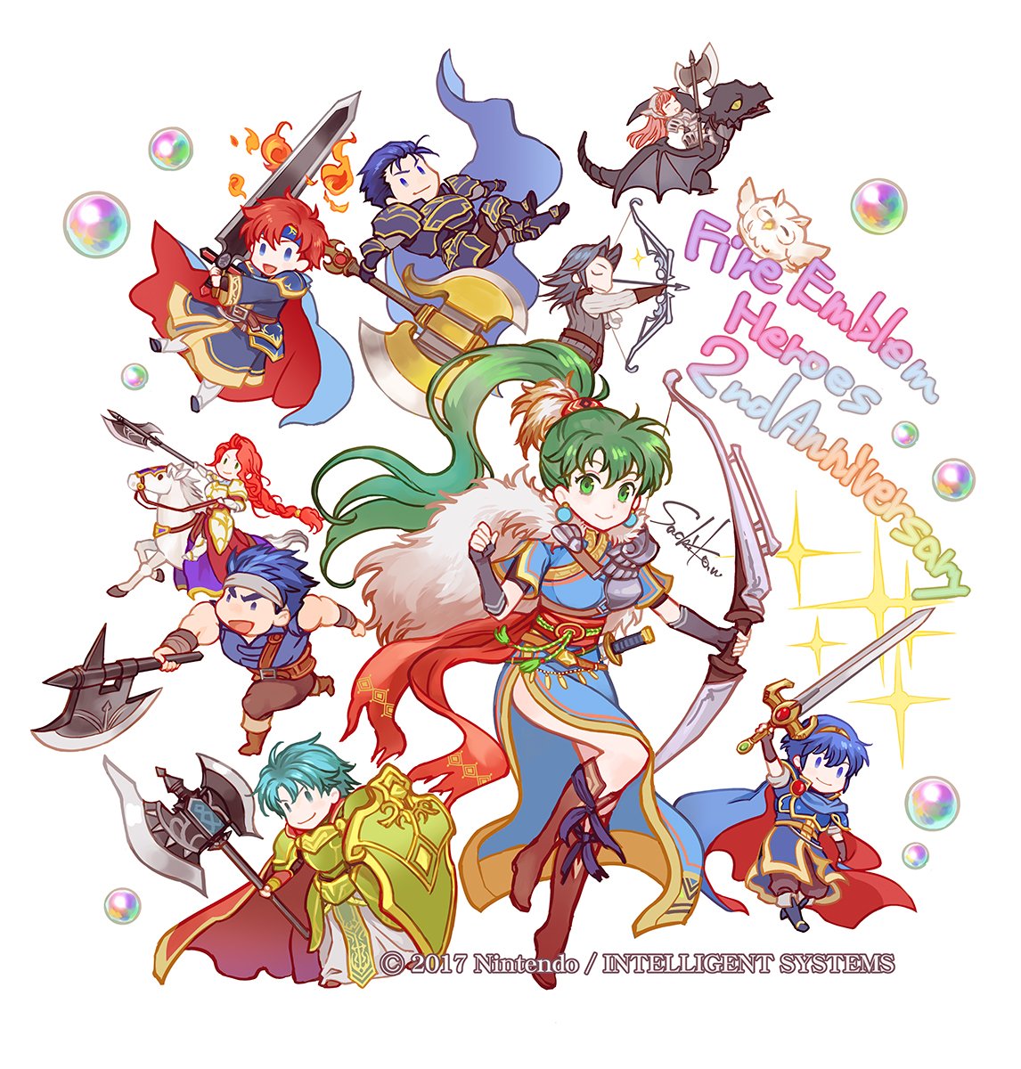 3girls, 6+boys, anniversary, aqua_eyes, aqua_hair, armor, axe, barst_(fire_emblem), battle_axe, bird, blue_eyes, blue_hair, bow_(weapon), cape, cherche_(fire_emblem), commentary, company_name, copyright_name, double-sided_axe, dragon, english_commentary, english_text, ephraim_(fire_emblem), ephraim_(sacred_twin_lord)_(fire_emblem), feh_(fire_emblem_heroes), fire_emblem, fire_emblem:_mystery_of_the_emblem, fire_emblem:_path_of_radiance, fire_emblem:_the_binding_blade, fire_emblem:_the_blazing_blade, fire_emblem:_the_sacred_stones, fire_emblem_awakening, fire_emblem_heroes, green_eyes, green_hair, grey_hair, headband, hector_(fire_emblem), highres, holding, holding_axe, holding_bow_(weapon), holding_shield, holding_sword, holding_weapon, horse, horseback_riding, long_hair, lyn_(fire_emblem), lyn_(lady_of_the_wind)_(fire_emblem), marth_(fire_emblem), multiple_boys, multiple_girls, official_art, owl, ponytail, redhead, riding, roy_(brave_lion)_(fire_emblem), roy_(fire_emblem), sash, shield, short_hair, signature, sword, tiara, titania_(fire_emblem), virion_(fire_emblem), wada_sachiko, waist_sash, weapon, white_background, wyvern