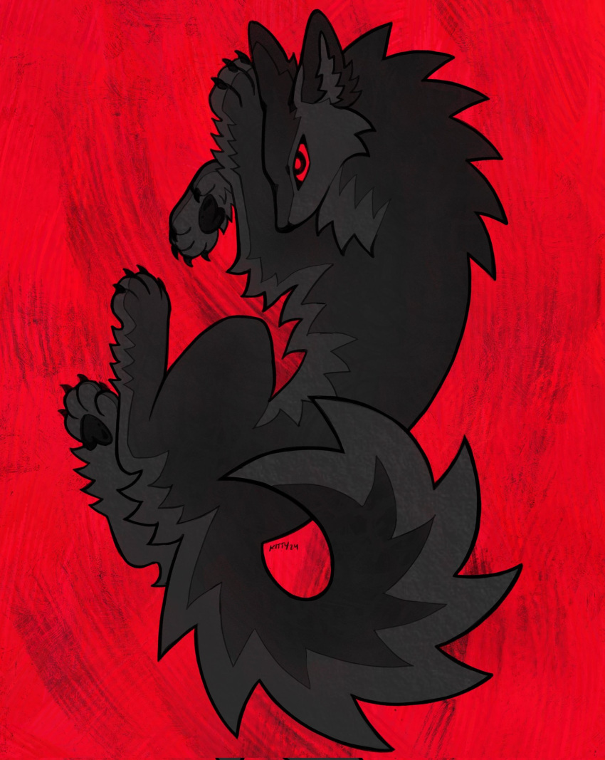 animal, animal_focus, black_dog, claws, commentary, corrupted_twitter_file, dog, english_commentary, full_body, highres, kitty_(fernwhisker), lying, no_humans, on_side, original, pawpads, red_background, red_eyes, red_theme, signature, solo, tail