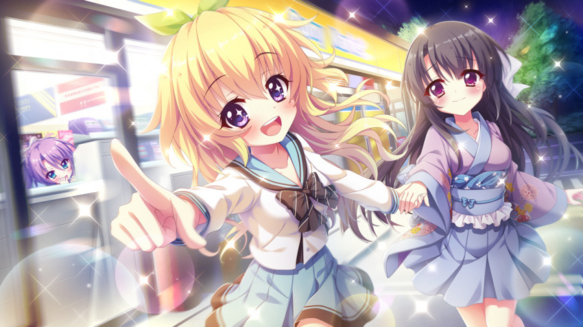 3girls, :d, birthday, black_bow, black_hair, blonde_hair, blue_eyes, blue_sailor_collar