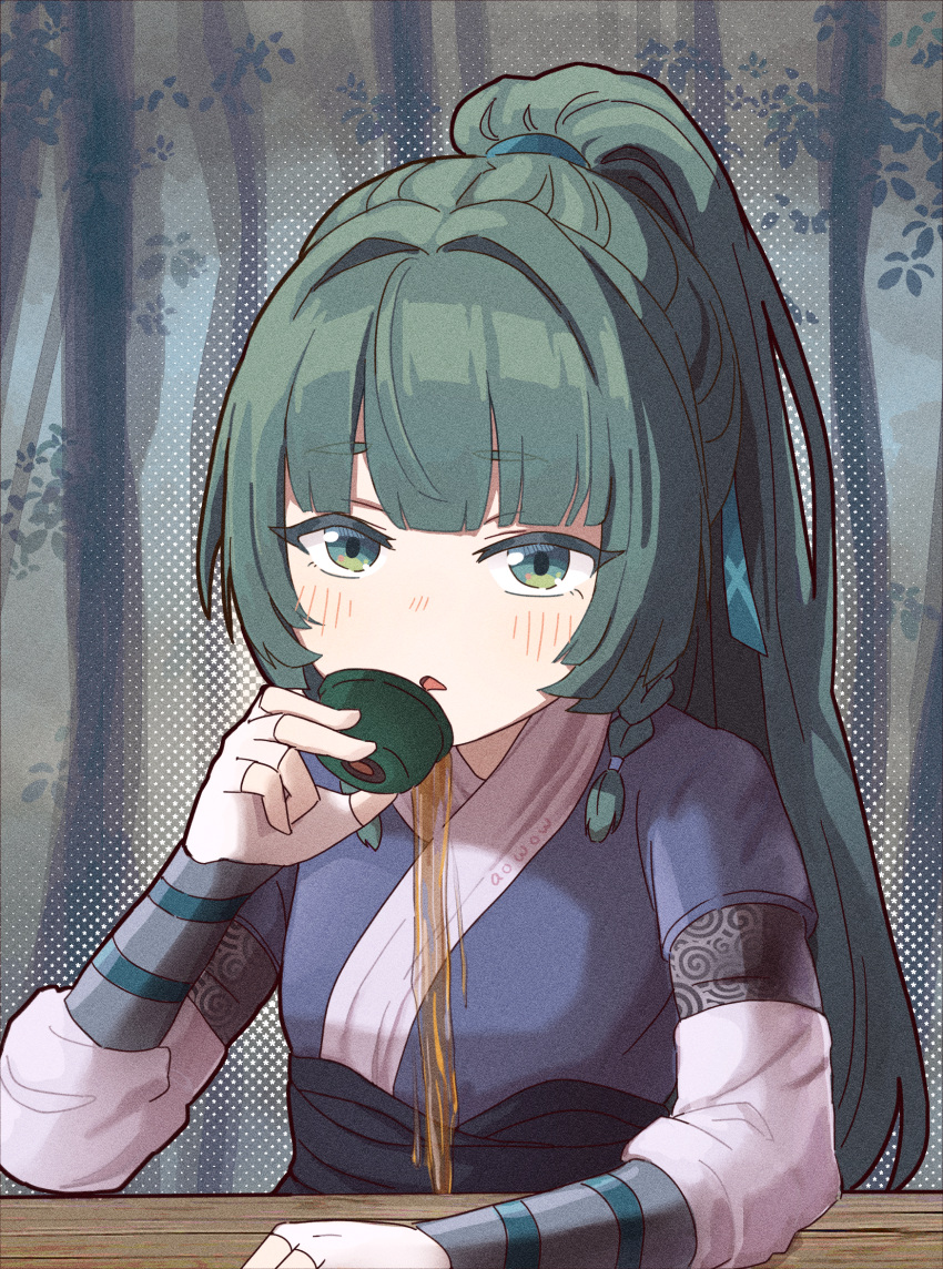 1girl, aowow, blunt_bangs, blush, braid, cup, green_eyes, green_hair
