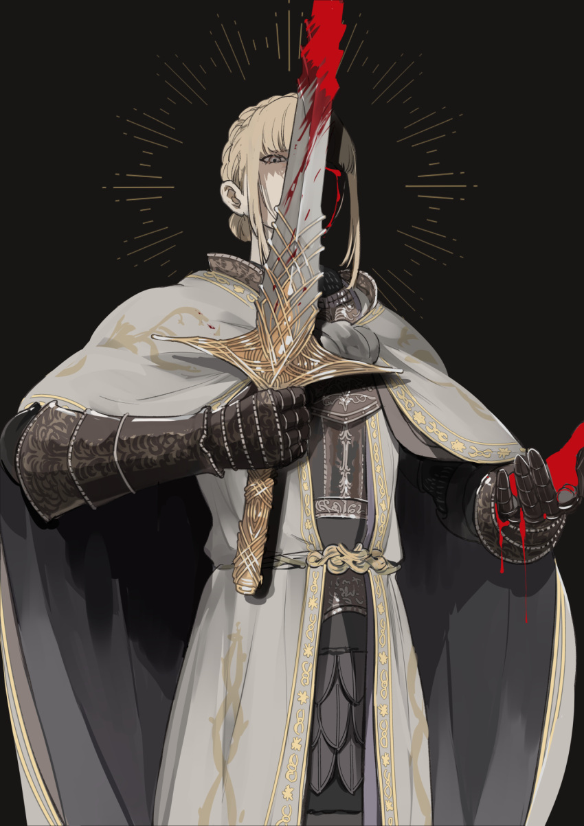 1girl, armor, armor_under_clothes, black_background, blonde_hair, blood, blood_from_eyes, blood_on_hands