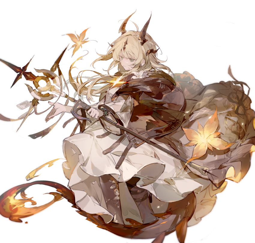 1girl, arknights, belt, belt_buckle, belt_collar, black_belt, black_horns, black_jacket