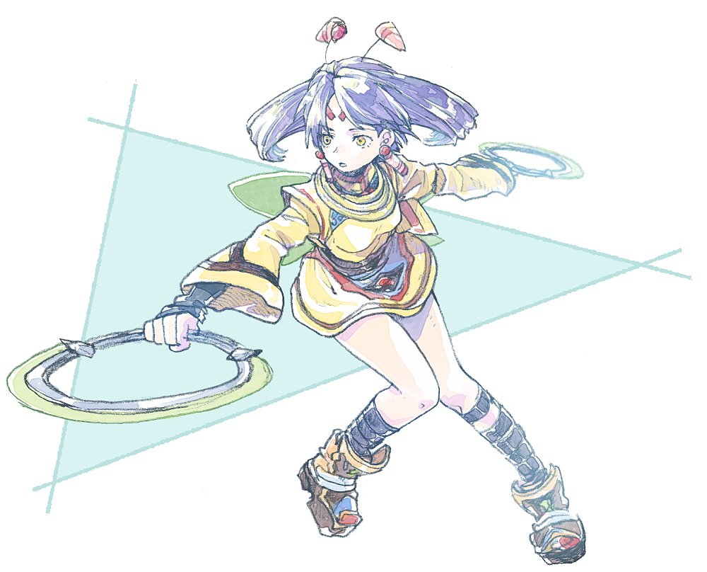 1girl, antennae, blue_hair, breasts, chakram, dress, earrings, facial_mark