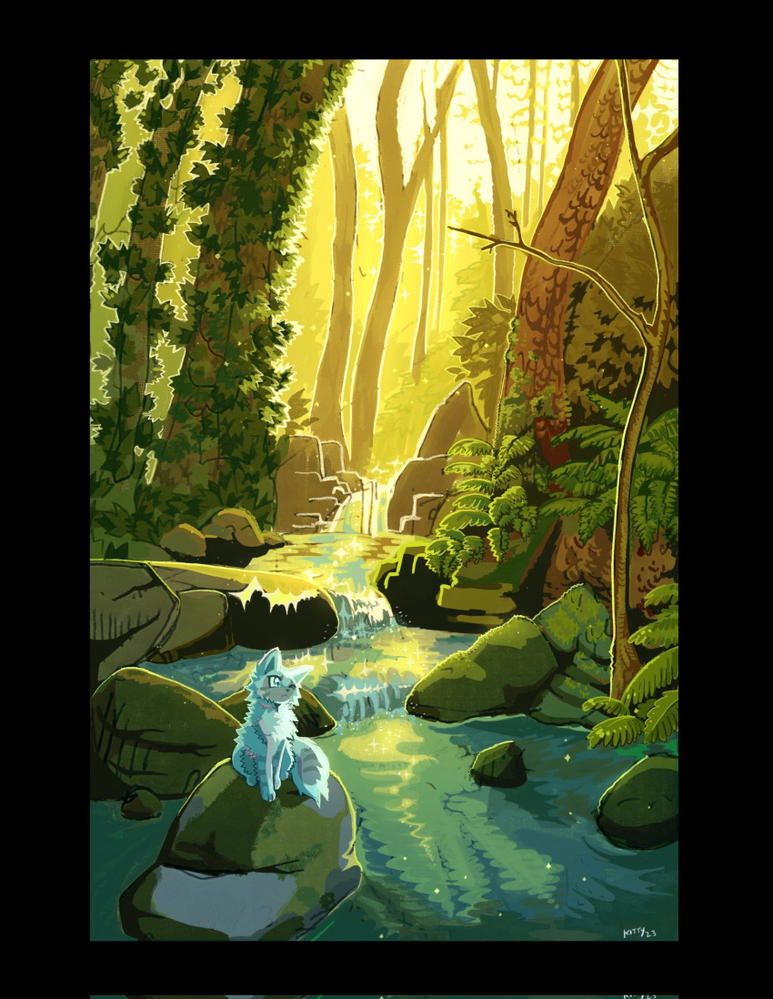 a_starless_clan, animal, animal_focus, black_border, border, cat, commentary, corrupted_twitter_file, day, english_commentary, fluffy, frostpaw, highres, kitty_(fernwhisker), nature, no_humans, one_eye_closed, plant, river, rock, scenery, sitting, solo, tail, tree, warrior_cats, water, waterfall