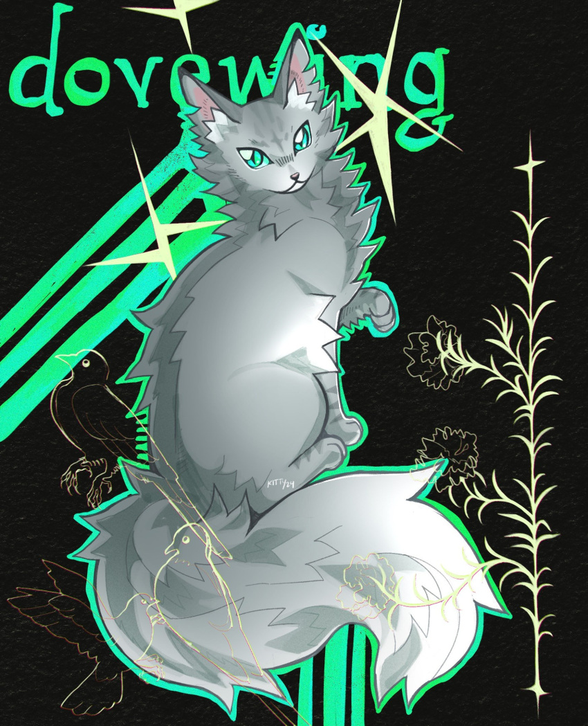 :3, animal, animal_focus, aqua_eyes, bird, black_background, cat, character_name