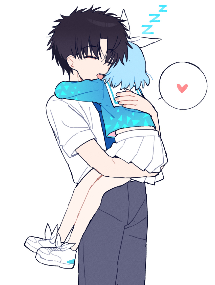 1boy, 1girl, absurdres, arona_(blue_archive), blue_archive, blue_hair, bow, brown_hair