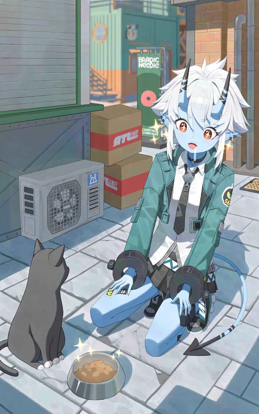 +_+, 1girl, black_choker, black_necktie, black_skirt, blue_skin, bowl, cat