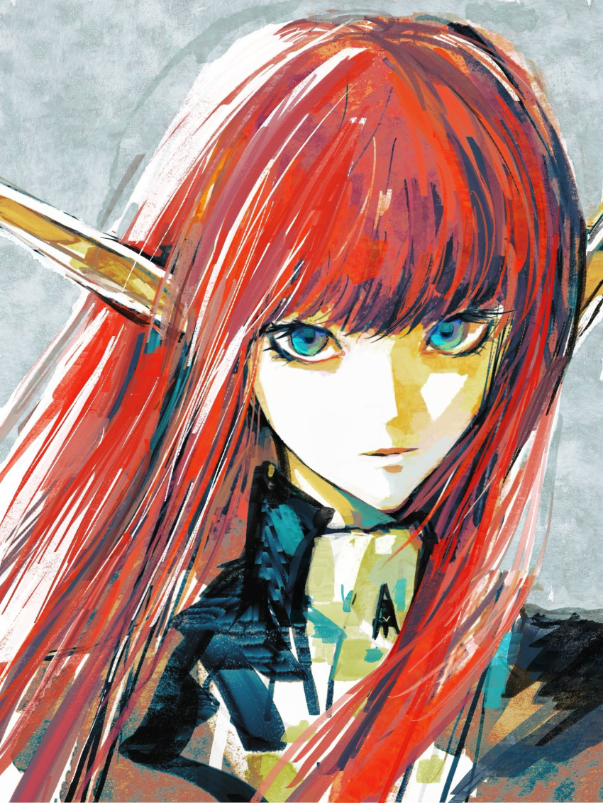 1girl, ascot, blue_eyes, blunt_bangs, closed_mouth, commentary, eyelashes, gou_tou21081, grey_background, highres, hime_cut, hulkenberg_(metaphor:_refantazio), jacket, lips, long_hair, long_pointy_ears, looking_at_viewer, metaphor:_refantazio, pink_lips, pointy_ears, portrait, redhead, simple_background, sketch, solo, white_ascot