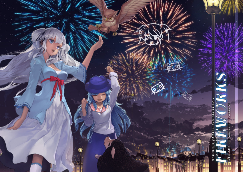 bird, blue_eyes, blue_hair, breasts, cleavage, closed_eyes, dress, eyes_closed