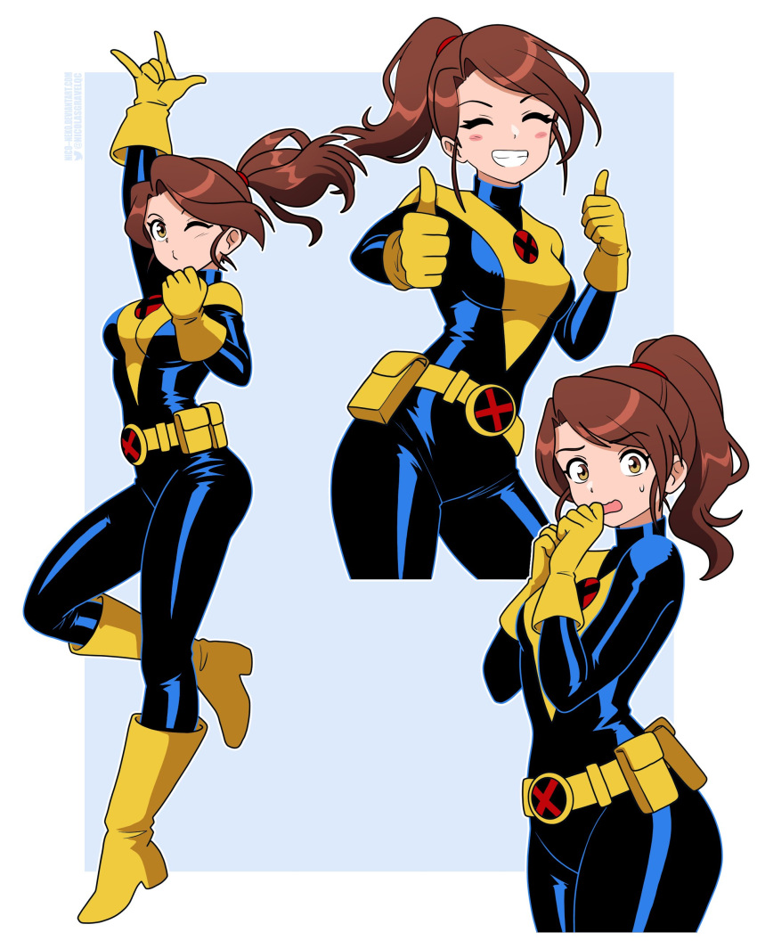 1girl, absurdres, animification, belt, bodysuit, boots, brown_eyes, brown_hair