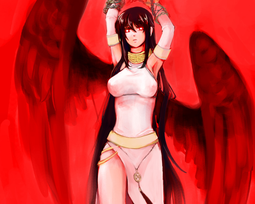 armpits, bdsm, black_hair, black_wings, bondage, chain, chains, detached_sleeves, long_hair, mabinogi, morrighan, red_eyes, side_slit, toyger, very_long_hair, wings