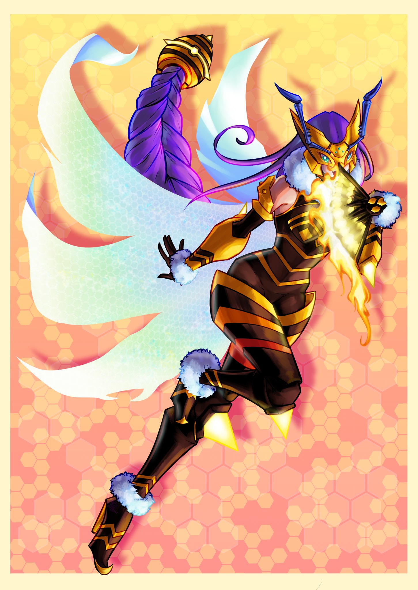 1girl, ankle_cuffs, antennae, arthropod_girl, bare_shoulders, bee_girl, boots, braid