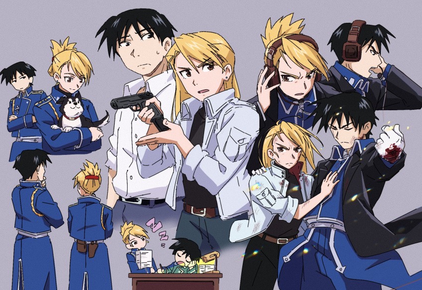 1boy, 1girl, amestris_military_uniform, animal, belt, black_hair, black_hayate, bleu_calire, blonde_hair, blood, blood_on_hands, brown_eyes, closed_eyes, collared_shirt, commentary_request, crossed_arms, dog, french_commentary, fullmetal_alchemist, gloves, grey_background, gun, hair_bun, headset, highres, holding, holding_animal, holding_dog, holding_gun, holding_paper, holding_weapon, long_hair, looking_at_viewer, looking_to_the_side, multiple_views, paper, riza_hawkeye, roy_mustang, shirt, simple_background, sleeping, sweatdrop, upper_body, weapon, white_gloves, zzz