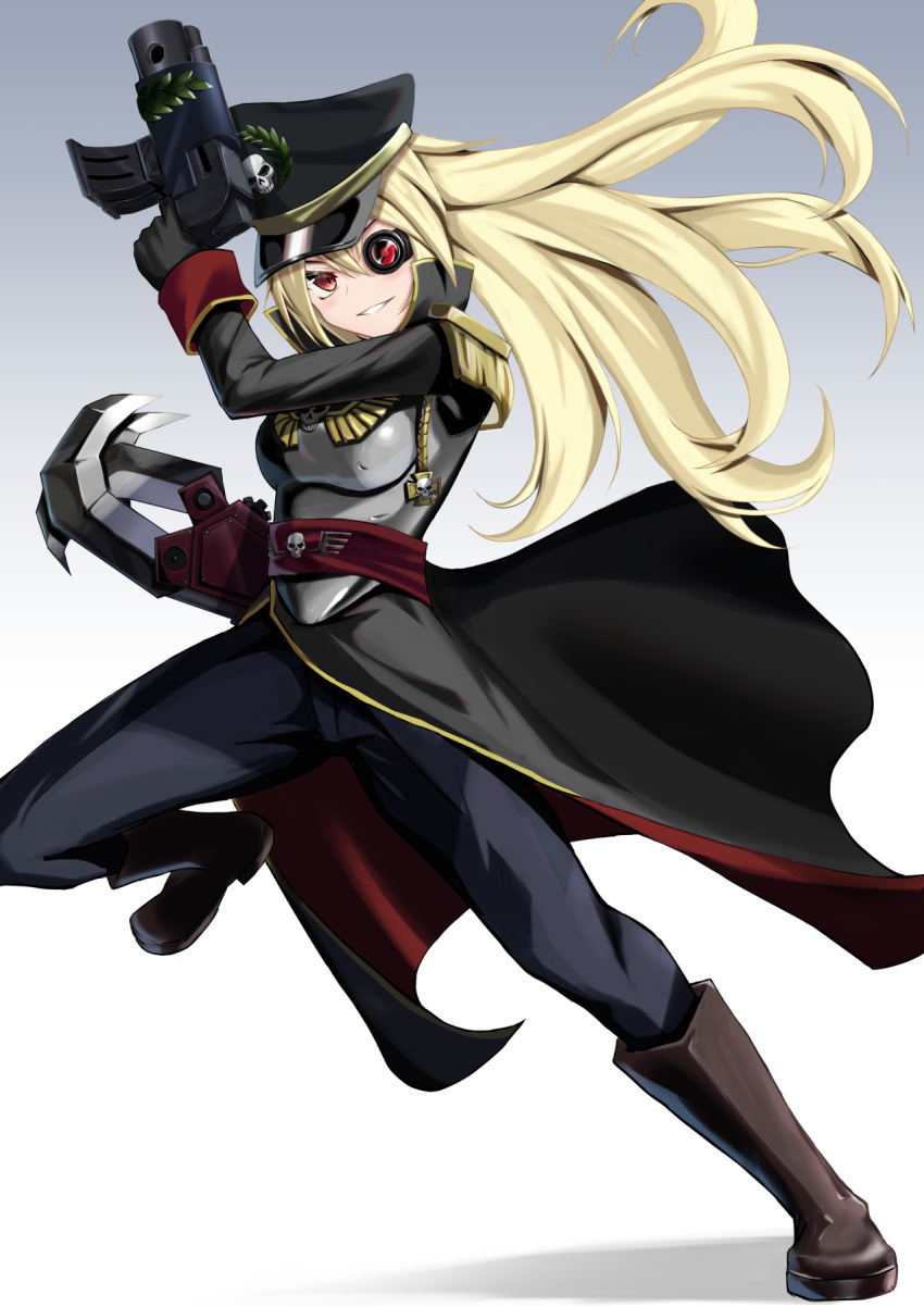 1girl, armor, artificial_eye, black_gloves, black_hat, blonde_hair, blue_pants, bolter