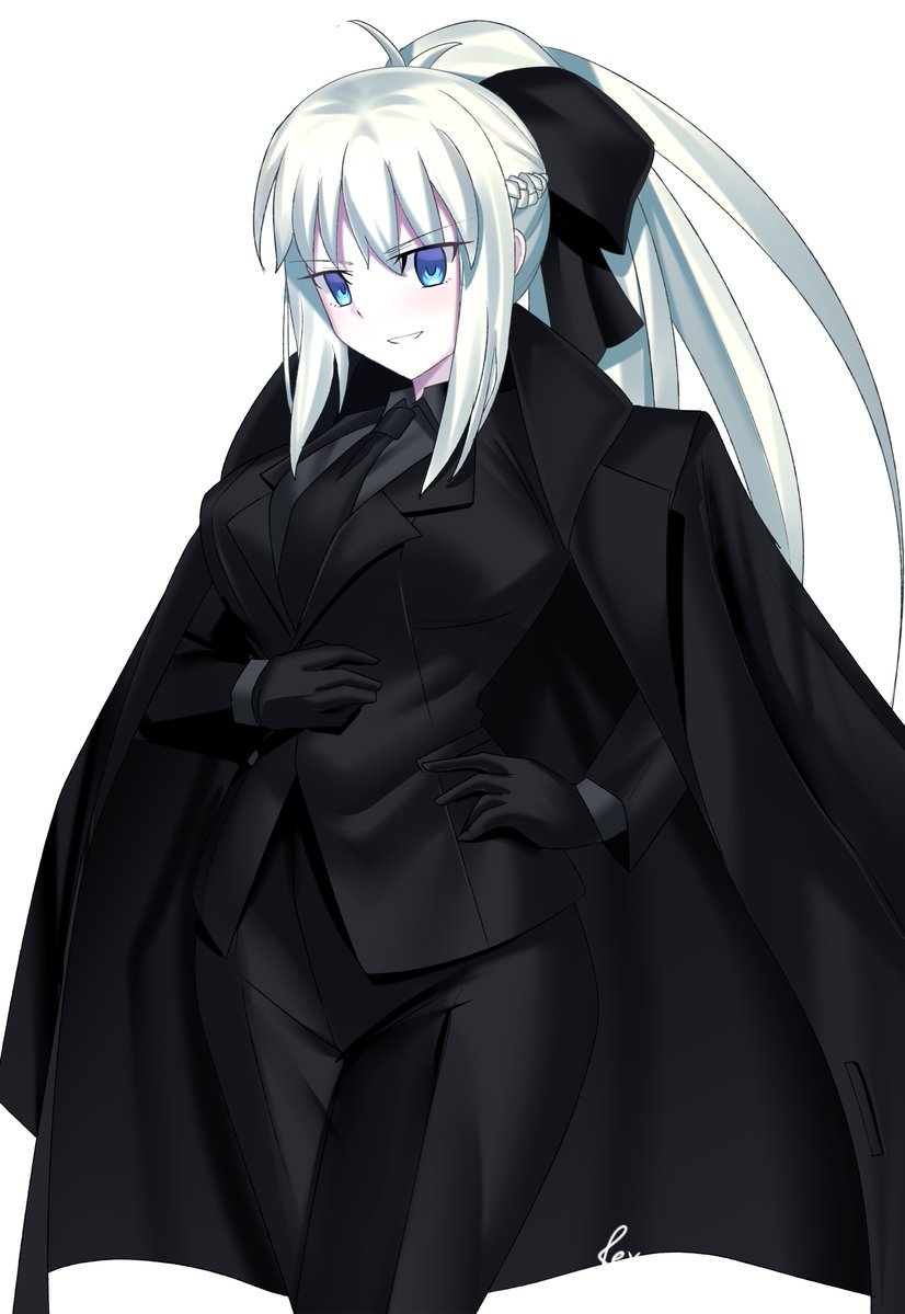 1girl, black_bow, black_gloves, black_jacket, black_suit, blue_eyes, bow, breasts