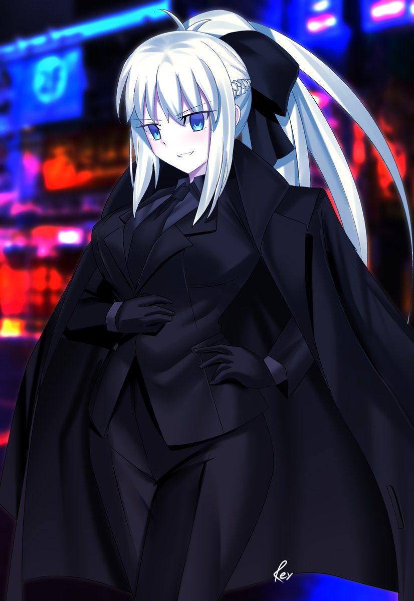 1girl, black_bow, black_gloves, black_jacket, black_suit, blue_eyes, bow, breasts, cityscape, fate/grand_order, fate_(series), gloves, hair_bow, jacket, large_breasts, long_hair, morgan_le_fay_(fate), necktie, open_clothes, open_jacket, ponytail, rey_r31_44, signature, suit