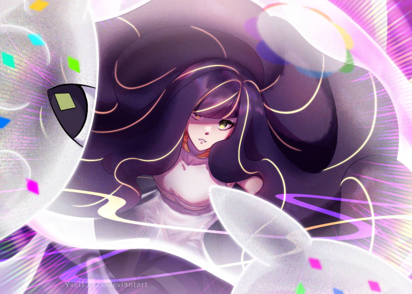 1girl, black_hair, dress, green_eyes, highres, long_hair, looking_at_viewer, lusamine_(pokemon)