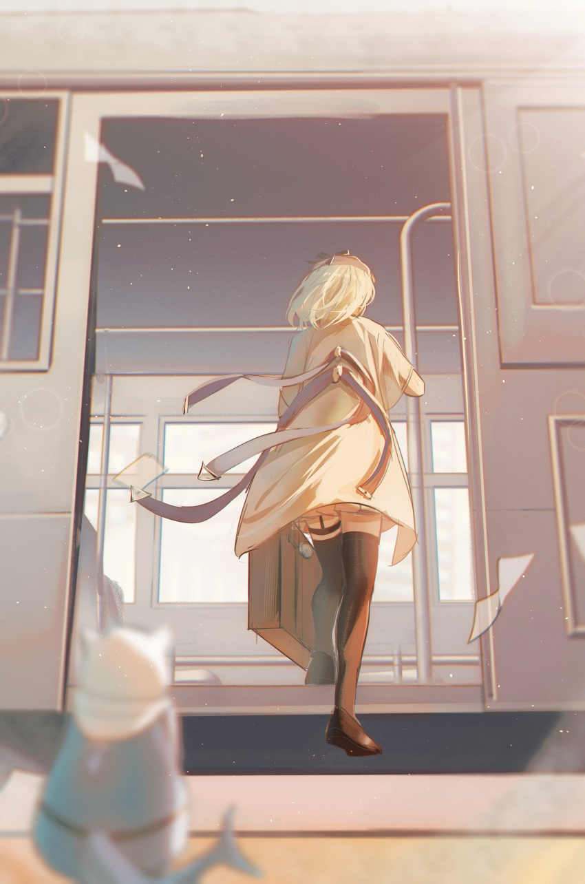 1girl, absurdres, black_thighhighs, blonde_hair, blurry, blurry_foreground, briefcase, brown_coat