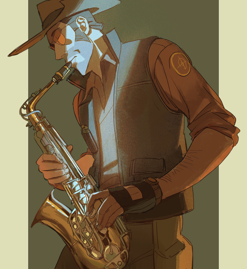 1boy, absurdres, black_gloves, brown_vest, citrus0lemon, closed_eyes, collared_vest, english_commentary