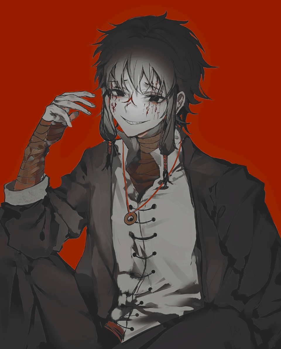 1boy, anqc137, bandaged_hand, bandaged_neck, bandages, black_eyes, black_hair, black_jacket, black_pants, chinese_commentary, commentary_request, facepaint, grey_shirt, grin, hand_up, jacket, long_sleeves, male_focus, open_clothes, open_jacket, pants, red_background, shirt, short_hair_with_long_locks, simple_background, sitting, smile, solo, touqi_guaitan, ziche_fuzhao
