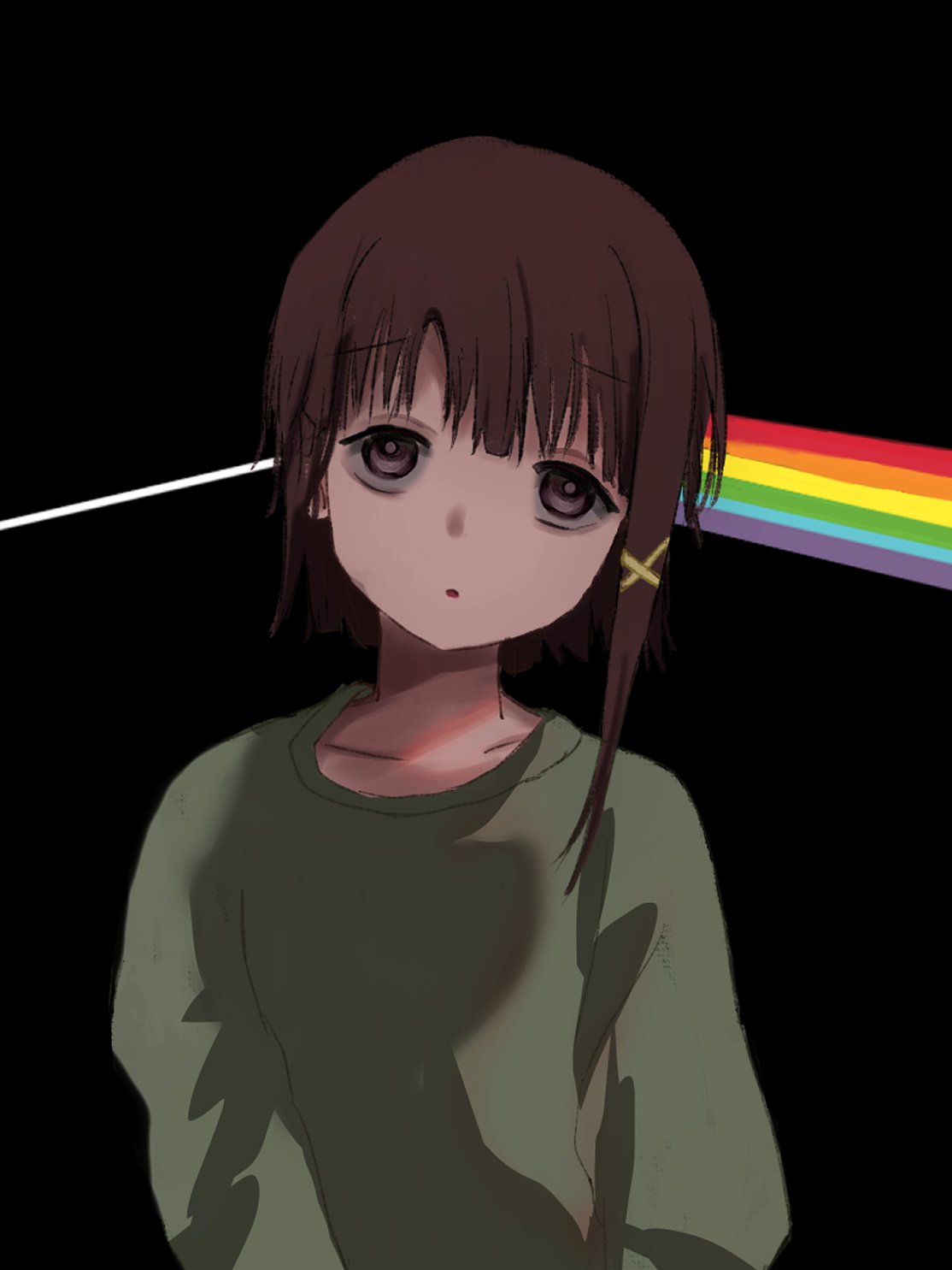 1girl, brown_eyes, brown_hair, dark_side_of_the_moon, green_shirt, highres, iwakura_lain, long_sleeves